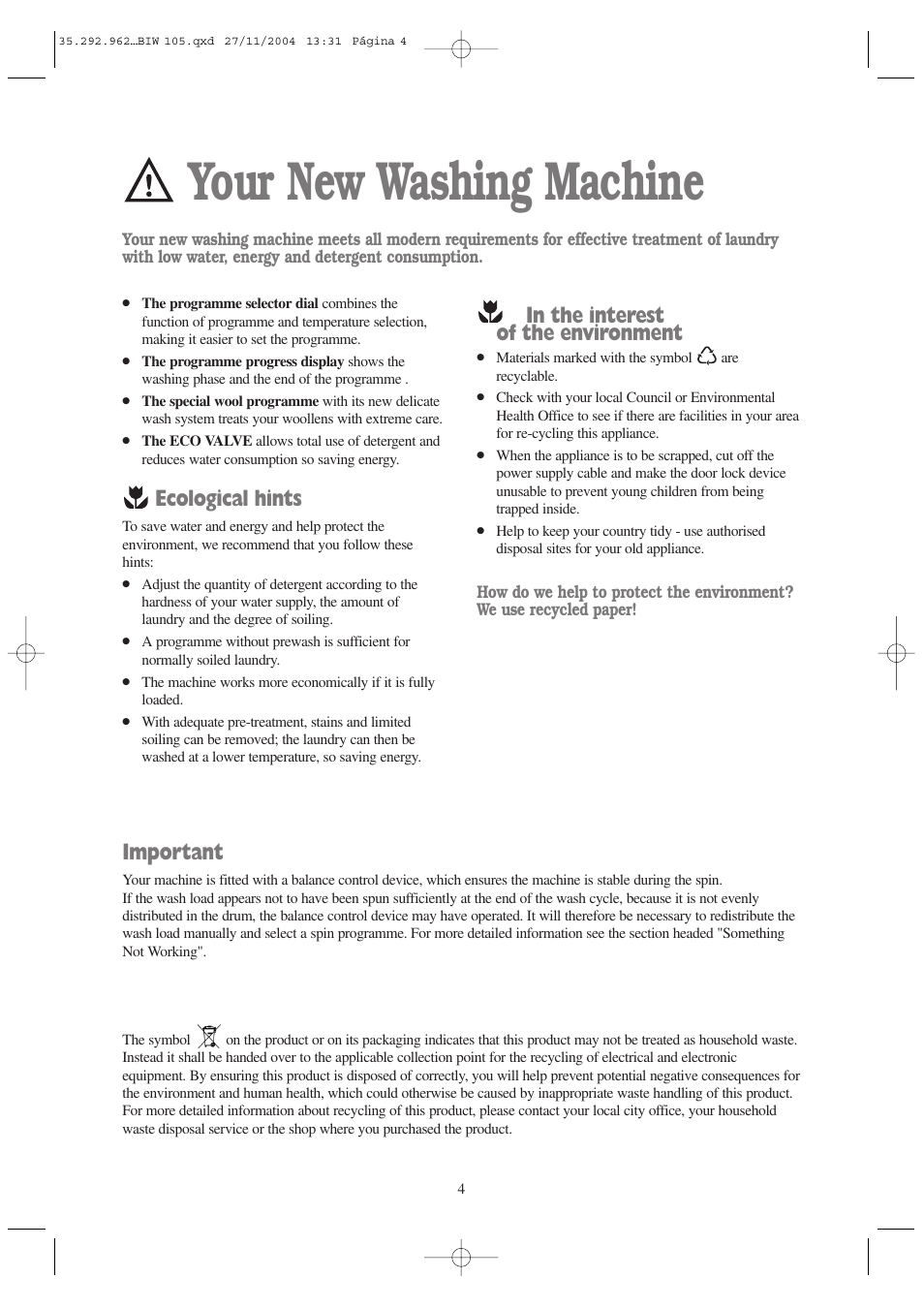 Your new washing machine, Ecological hints, Important | Tricity Bendix BIW 105 W User Manual | Page 4 / 28