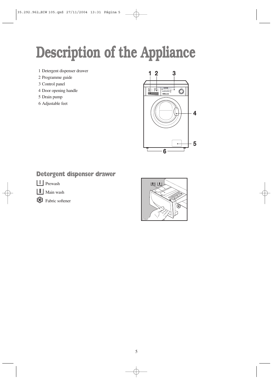 Description of the appliance, Detergent dispenser drawer | Tricity Bendix BIW 105 W User Manual | Page 5 / 28