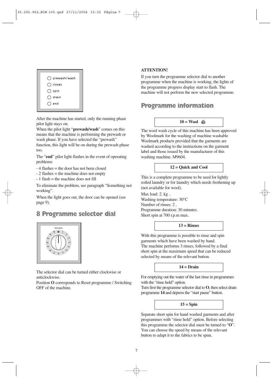 8 programme selector dial, Programme information | Tricity Bendix BIW 105 W User Manual | Page 7 / 28