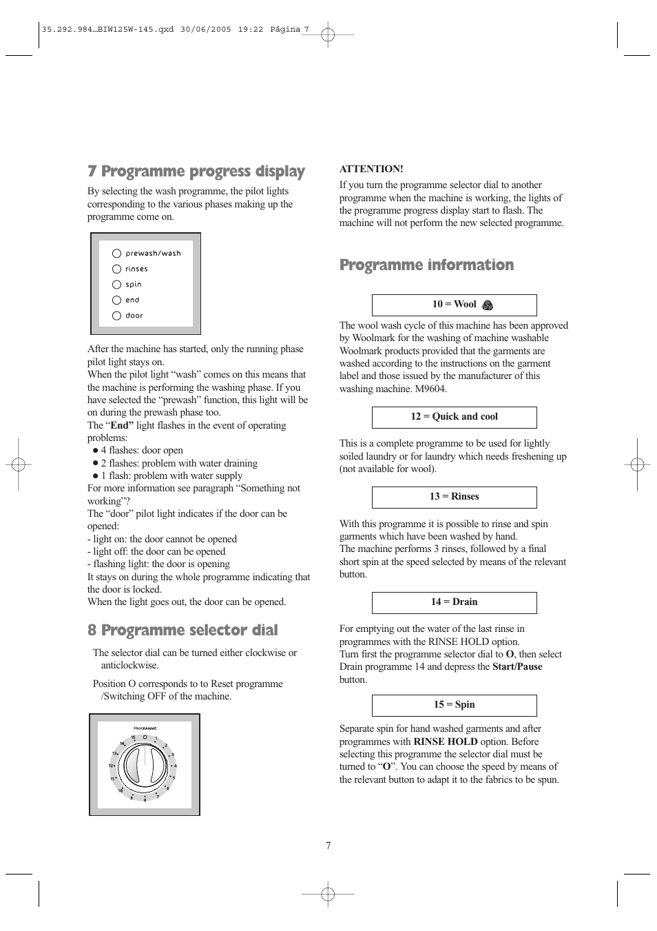 7 programme progress display, 8 programme selector dial, Programme information | Tricity Bendix BIW 125 W User Manual | Page 7 / 28