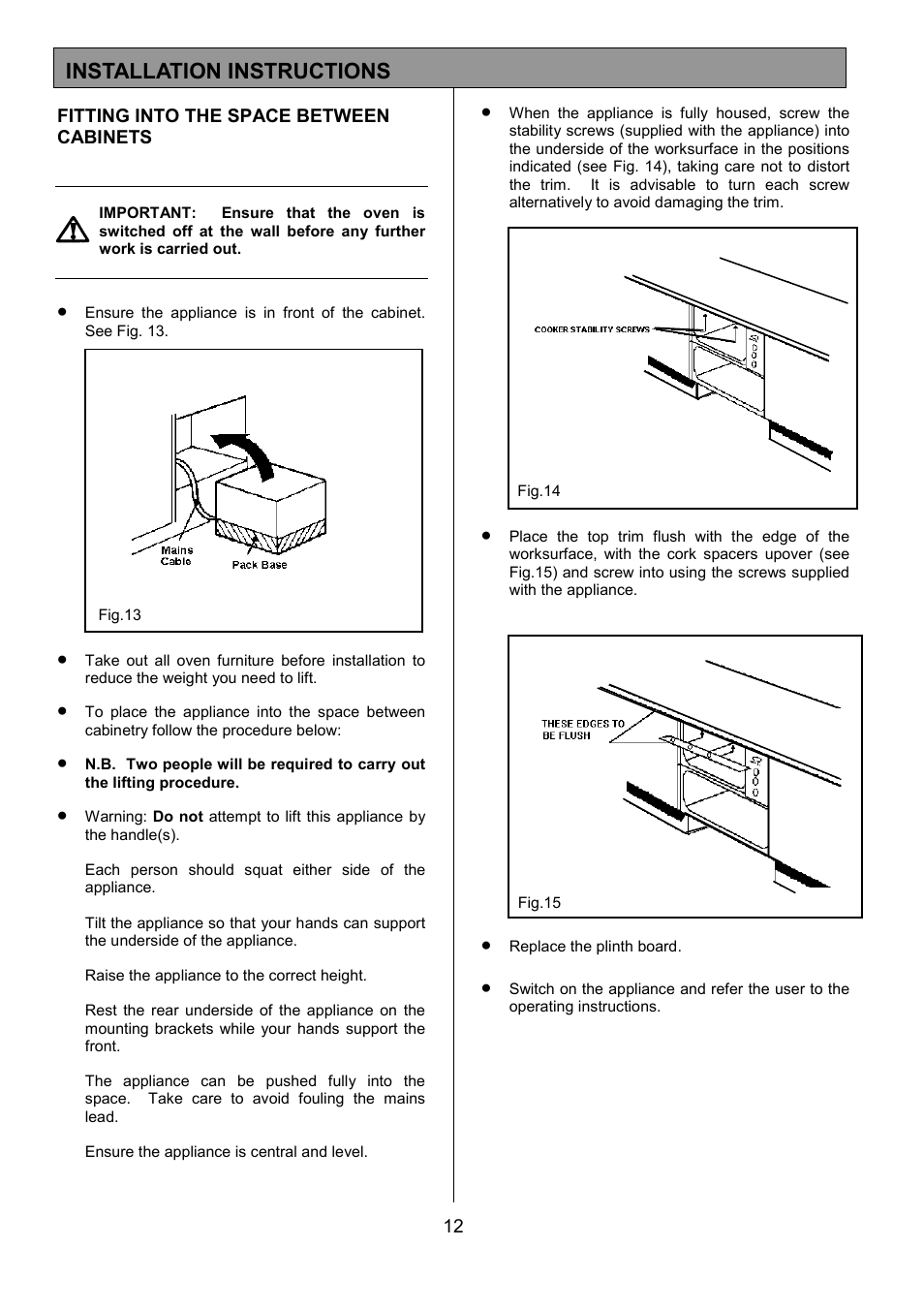 Installation instructions | Tricity Bendix MDB700 User Manual | Page 12 / 32