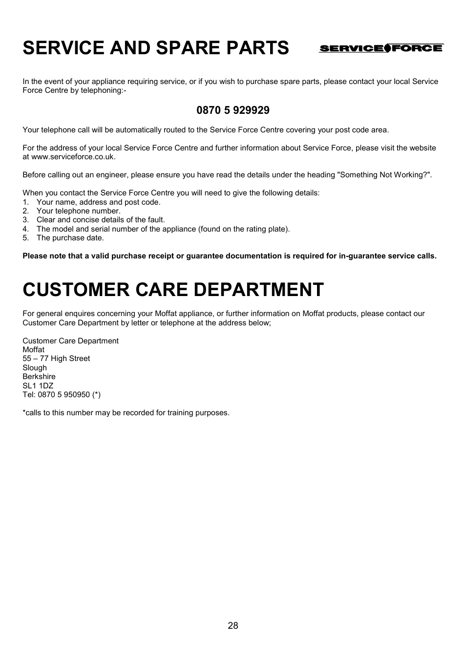 Service and spare parts, Customer care department | Tricity Bendix MDB700 User Manual | Page 28 / 32