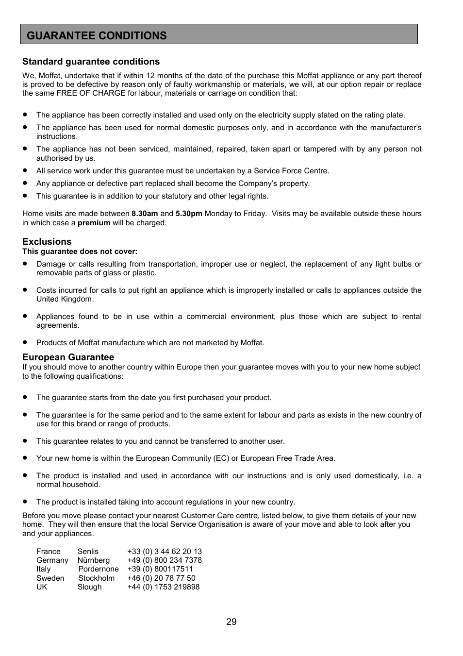 Guarantee conditions | Tricity Bendix MDB700 User Manual | Page 29 / 32