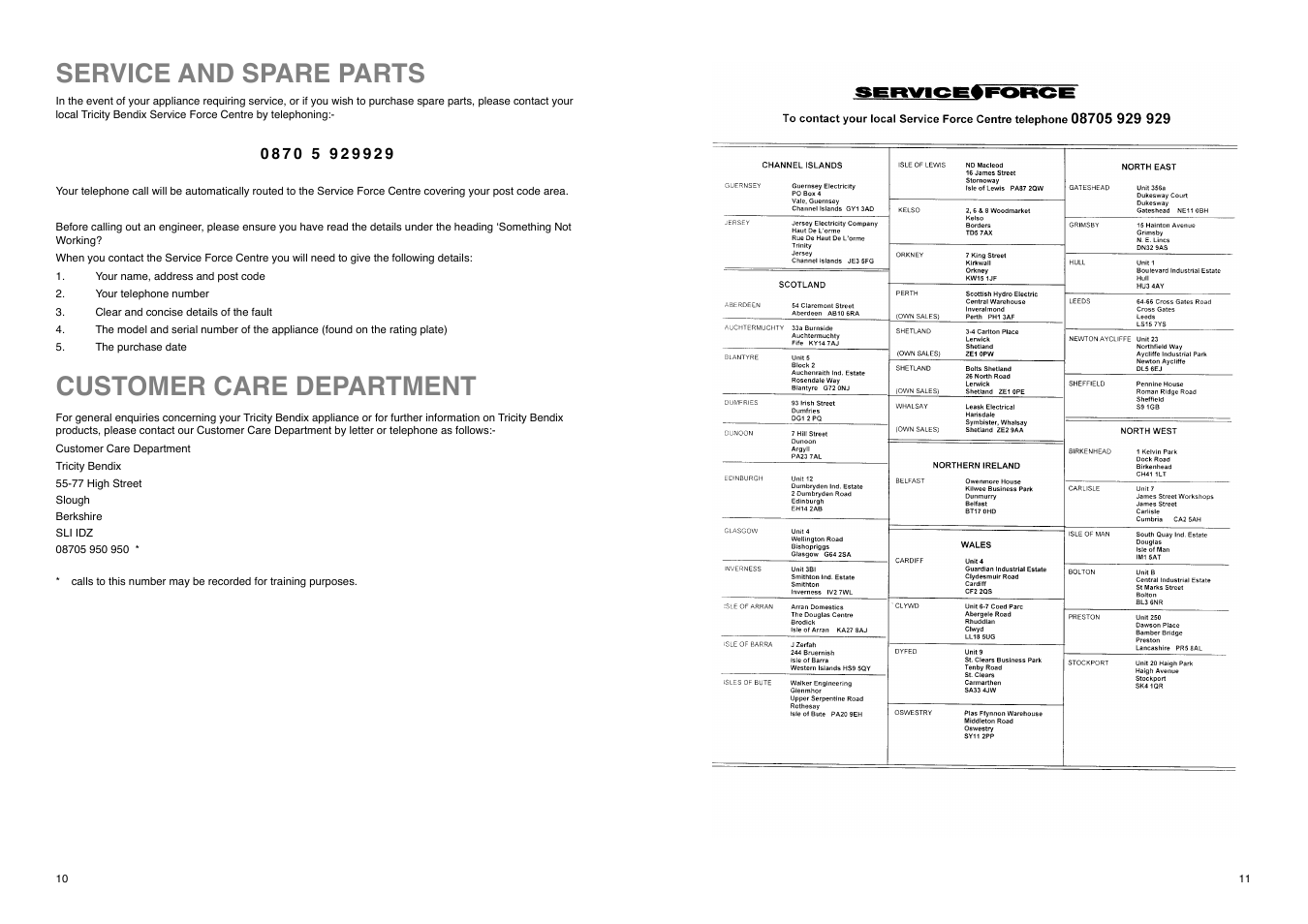 Service and spare parts customer care department | Tricity Bendix TB 85 F User Manual | Page 10 / 20