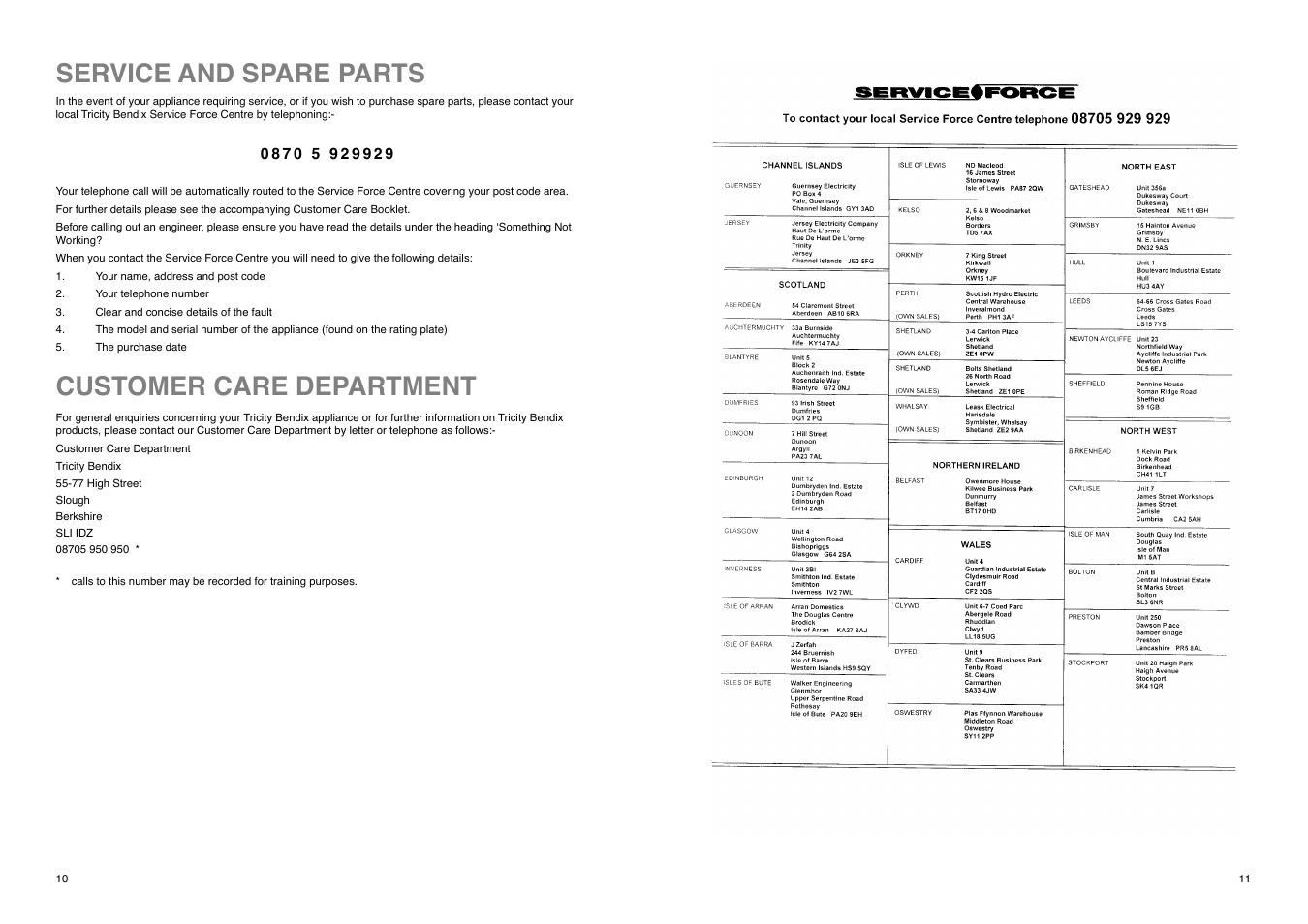 Service and spare parts customer care department | Tricity Bendix TB 85 F User Manual | Page 11 / 20