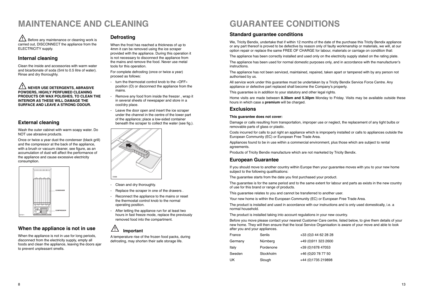 Maintenance and cleaning, Guarantee conditions | Tricity Bendix TB 85 F User Manual | Page 13 / 20