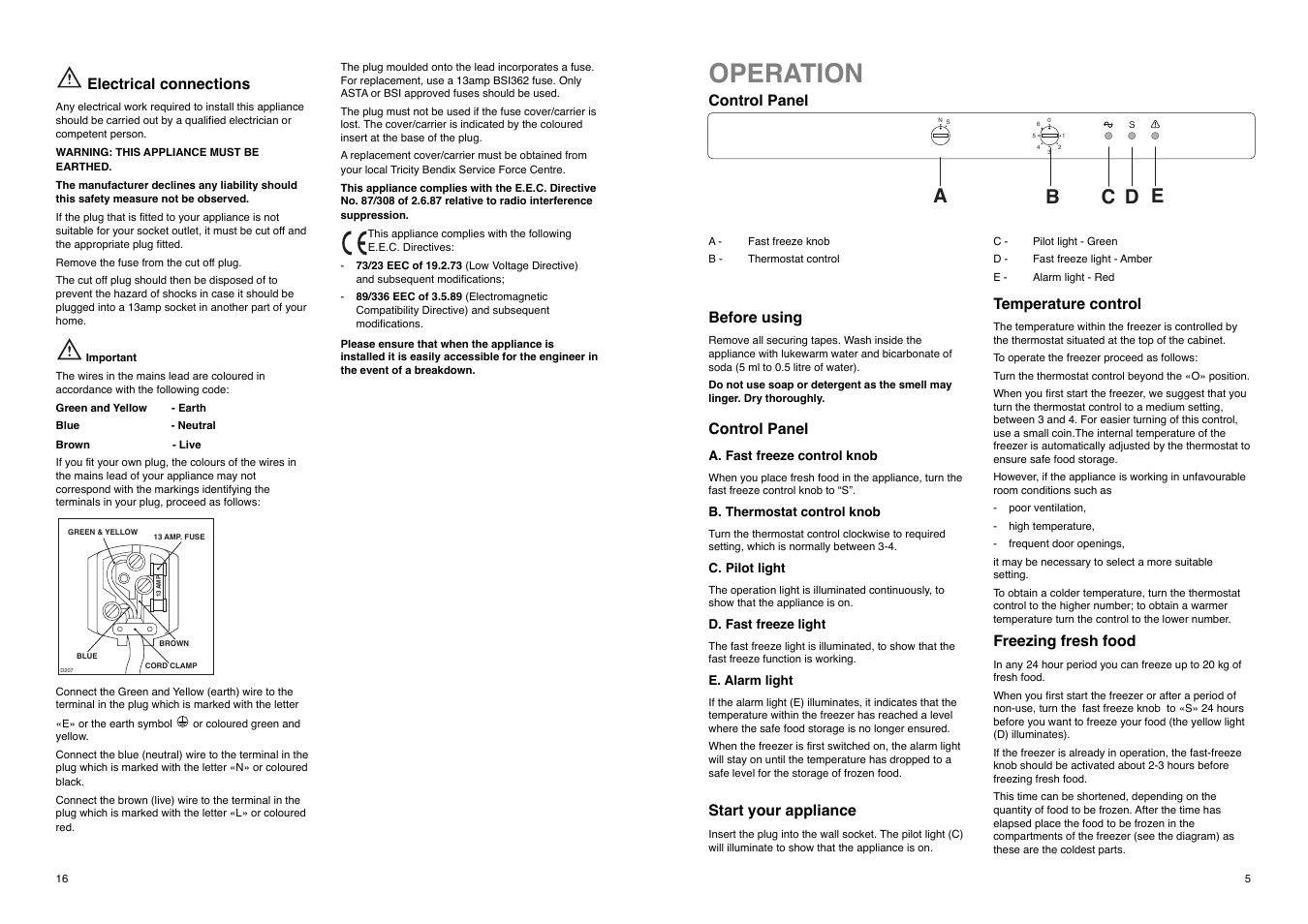 Operation, Ed c b a | Tricity Bendix TB 85 F User Manual | Page 5 / 20