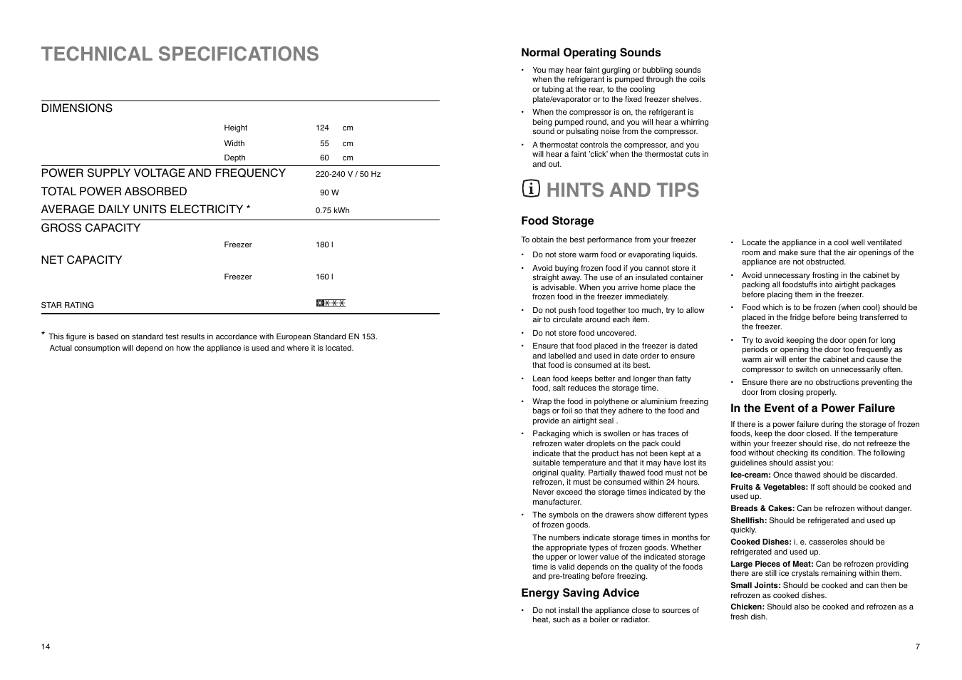 Hints and tips, Technical specifications | Tricity Bendix TB 85 F User Manual | Page 7 / 20