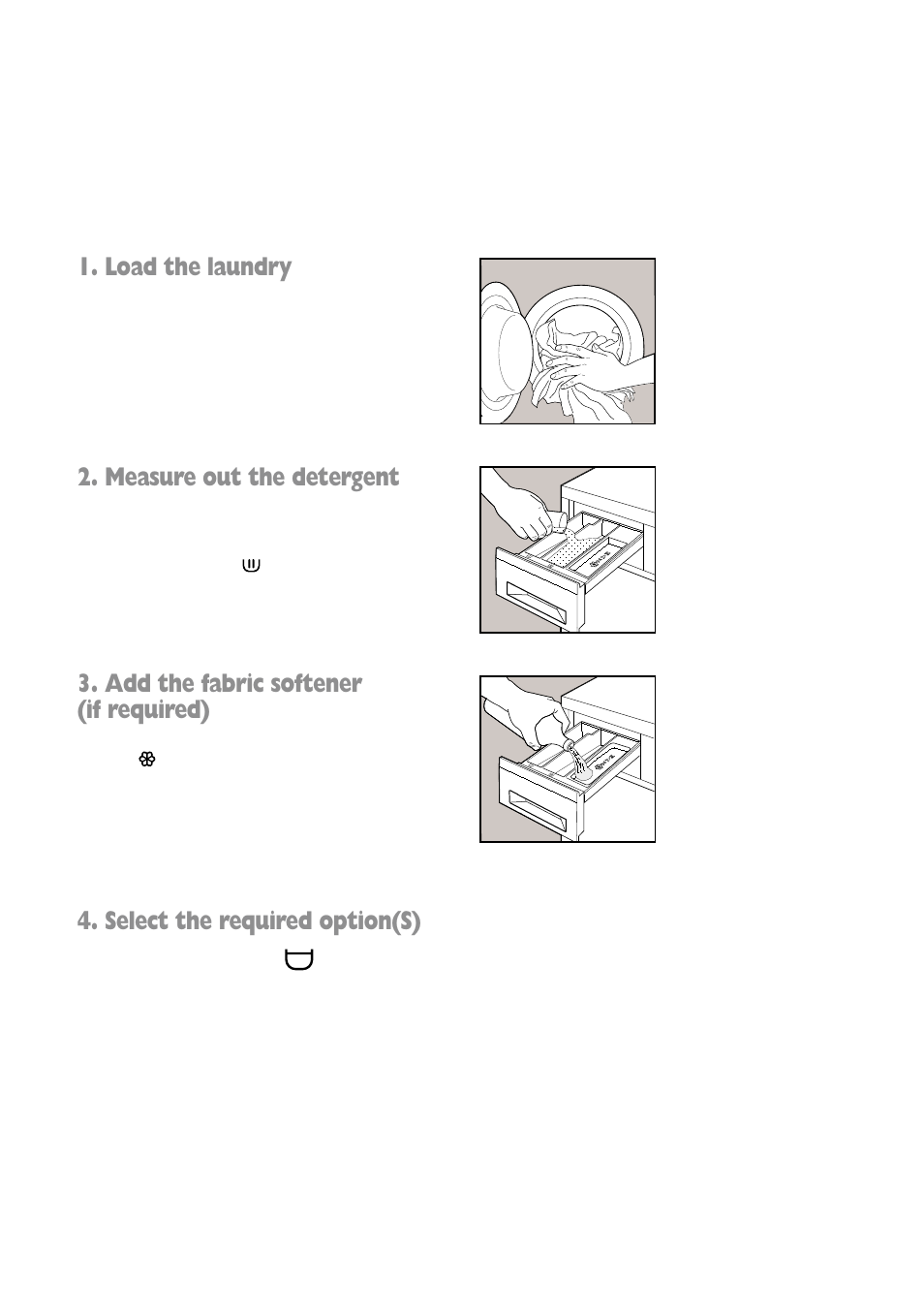 Load the laundry, Measure out the detergent, Add the fabric softener (if required) | Select the required option(s) | Tricity Bendix BIW 102 User Manual | Page 10 / 32