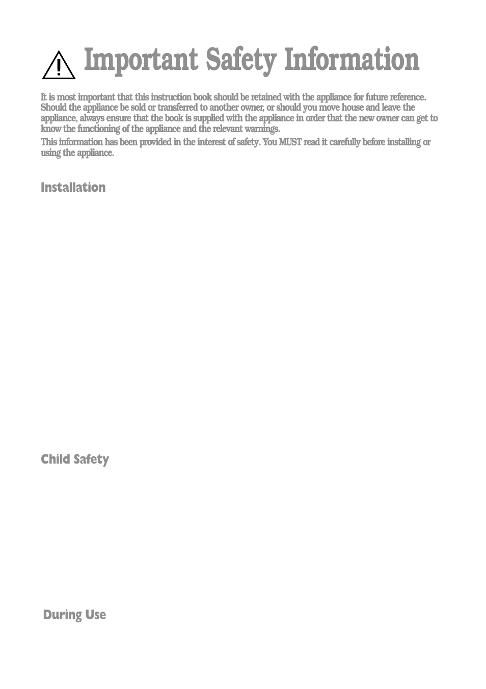Important safety information, Installation, Child safety | During use | Tricity Bendix BIW 102 User Manual | Page 3 / 32