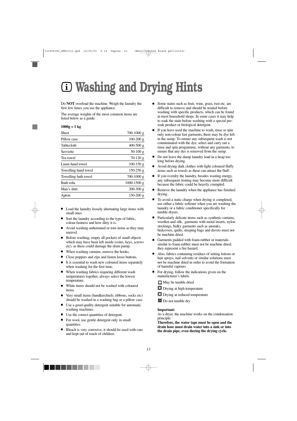 Washing and drying hints | Tricity Bendix BWD 1012 User Manual | Page 13 / 31