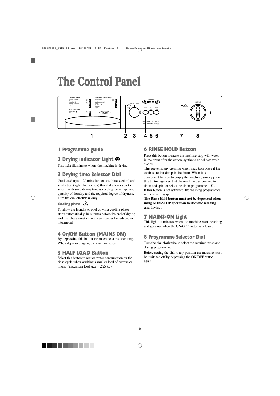 The control panel, 6 rinse hold button, 7 mains-on light | 8 programme selector dial, 1 programme guide 2 drying indicator light, 3 drying time selector dial, 4 on/off button (mains on), 5 half load button, Cooling phase, This light illuminates when the machine is drying | Tricity Bendix BWD 1012 User Manual | Page 6 / 31