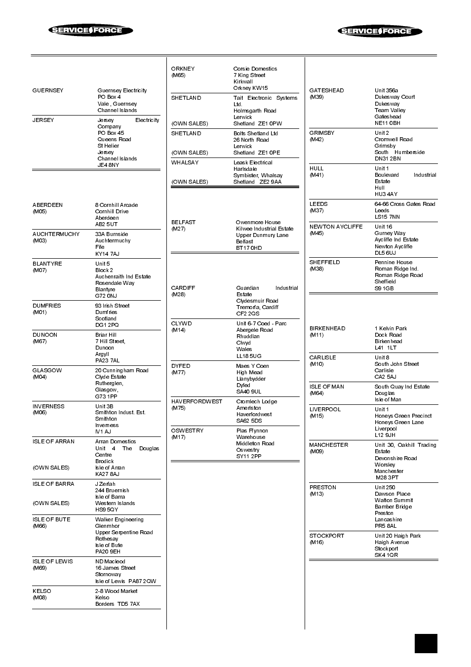 Tricity bendix service force, Channel islands, Scotland | Northern ireland, Wales, North east, North west | Tricity Bendix BD 913/2 User Manual | Page 37 / 40