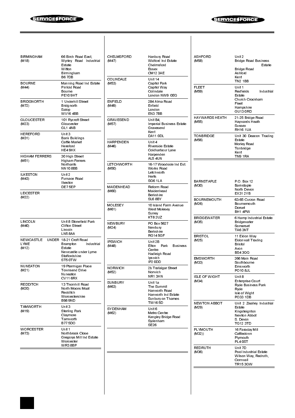 Tricity bendix service force, Midlands, London & east anglia | South east, South west | Tricity Bendix BD 913/2 User Manual | Page 38 / 40