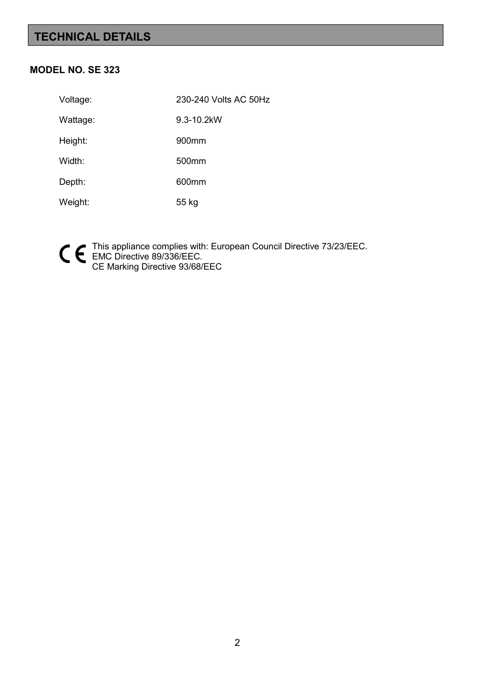 Technical details | Tricity Bendix SE323 User Manual | Page 2 / 32