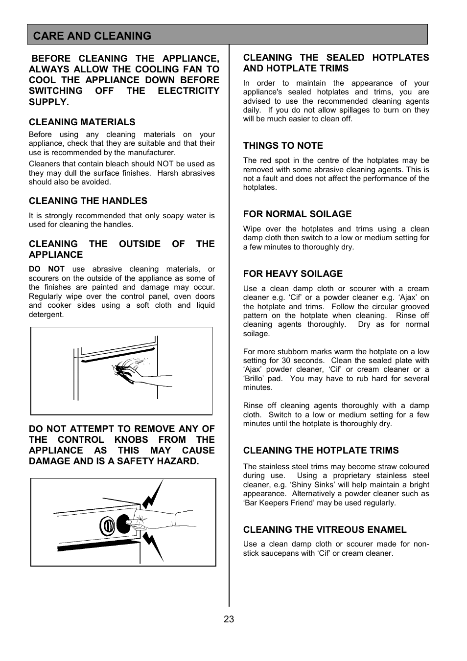 Care and cleaning | Tricity Bendix SE323 User Manual | Page 23 / 32