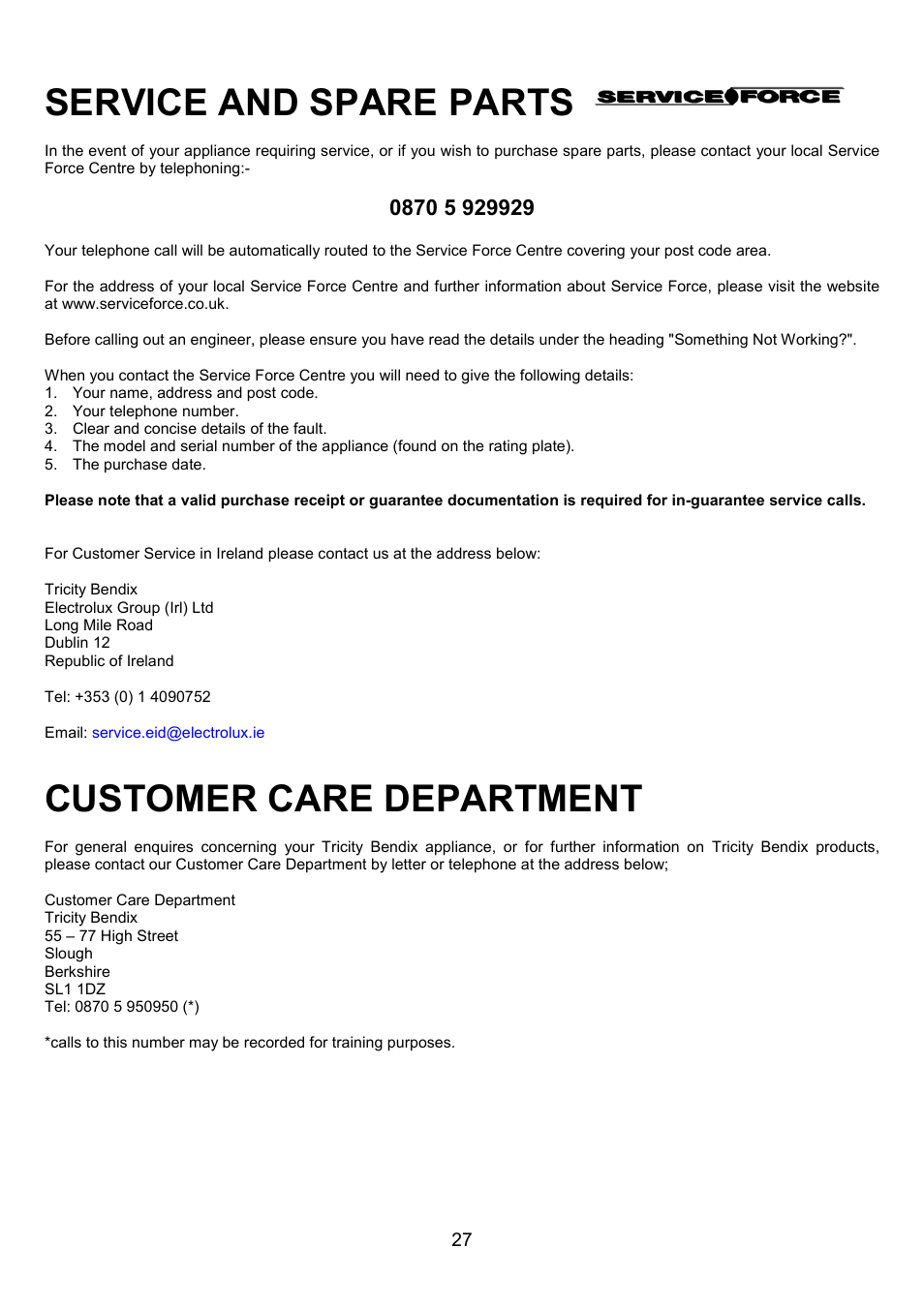 Service and spare parts, Customer care department | Tricity Bendix SE323 User Manual | Page 27 / 32