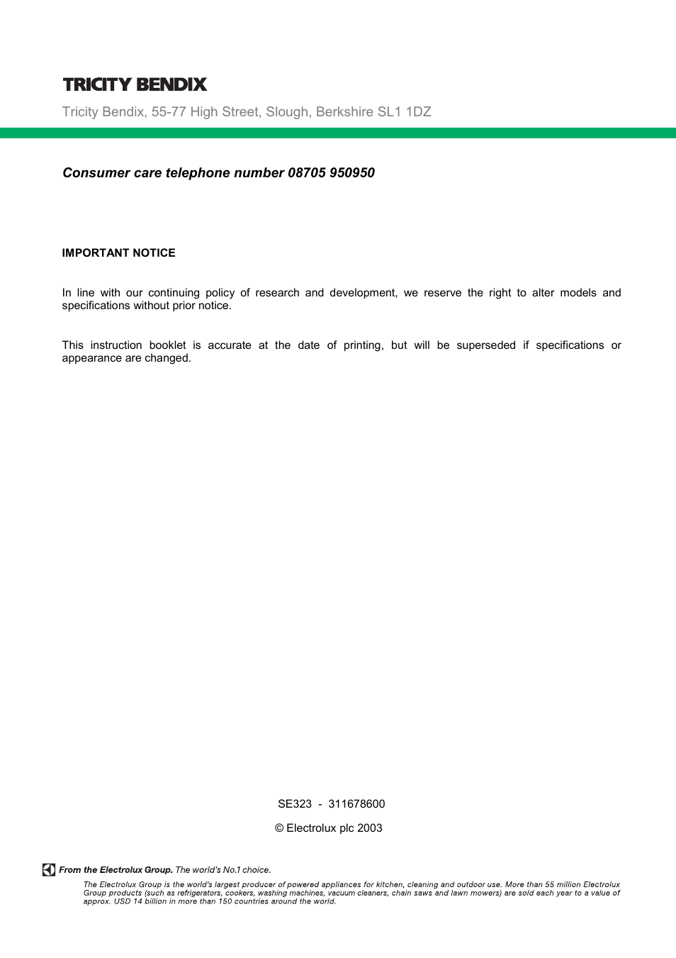 Tricity Bendix SE323 User Manual | Page 32 / 32