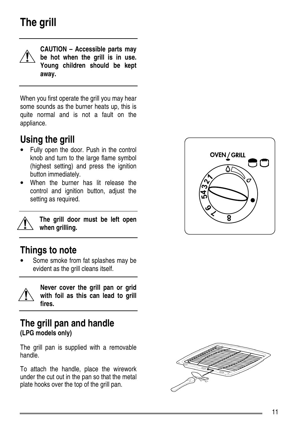 The grill, Using the grill, The grill pan and handle | Tricity Bendix SG550/1 User Manual | Page 11 / 44