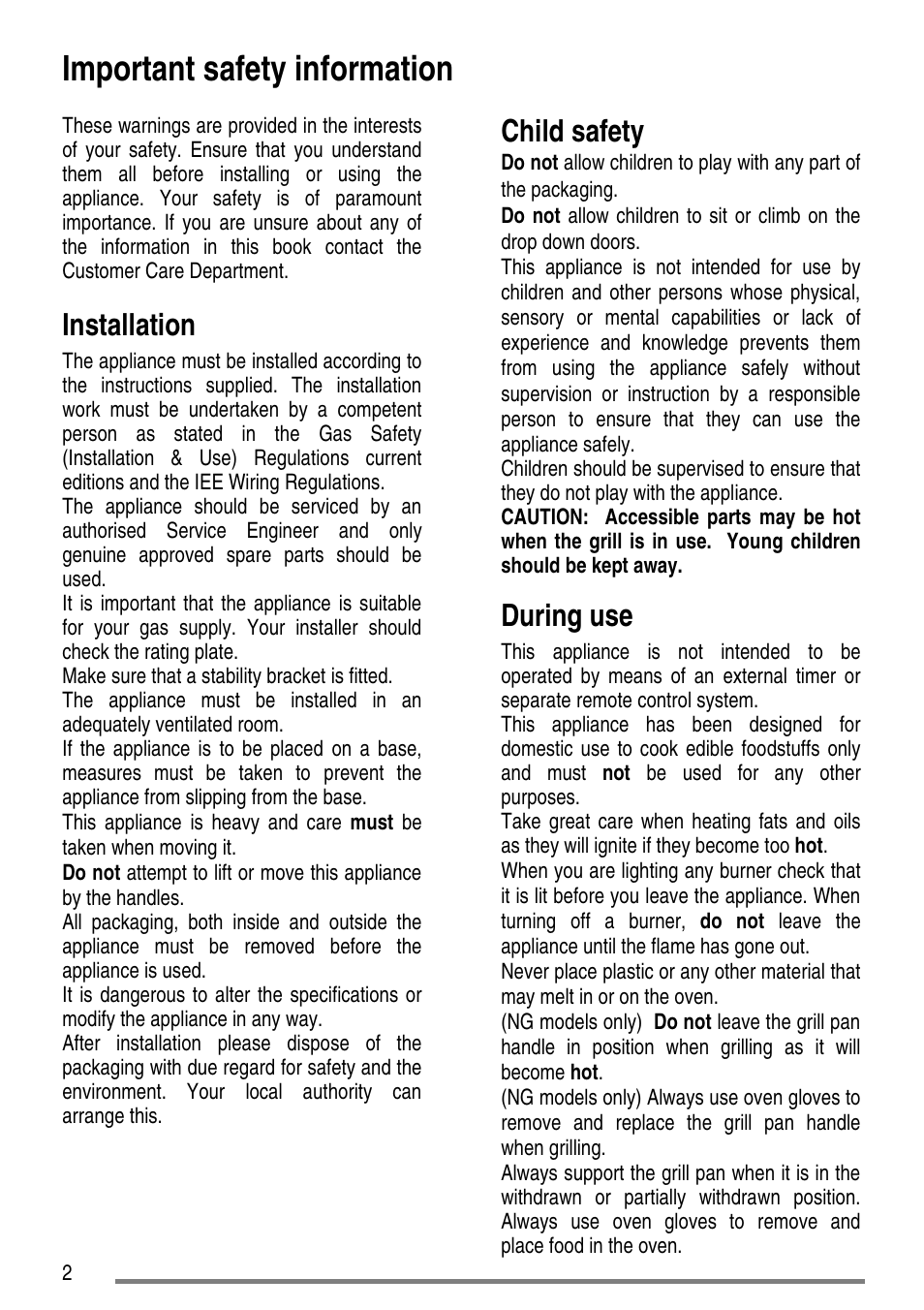 Important safety information, Installation, Child safety | During use | Tricity Bendix SG550/1 User Manual | Page 2 / 44