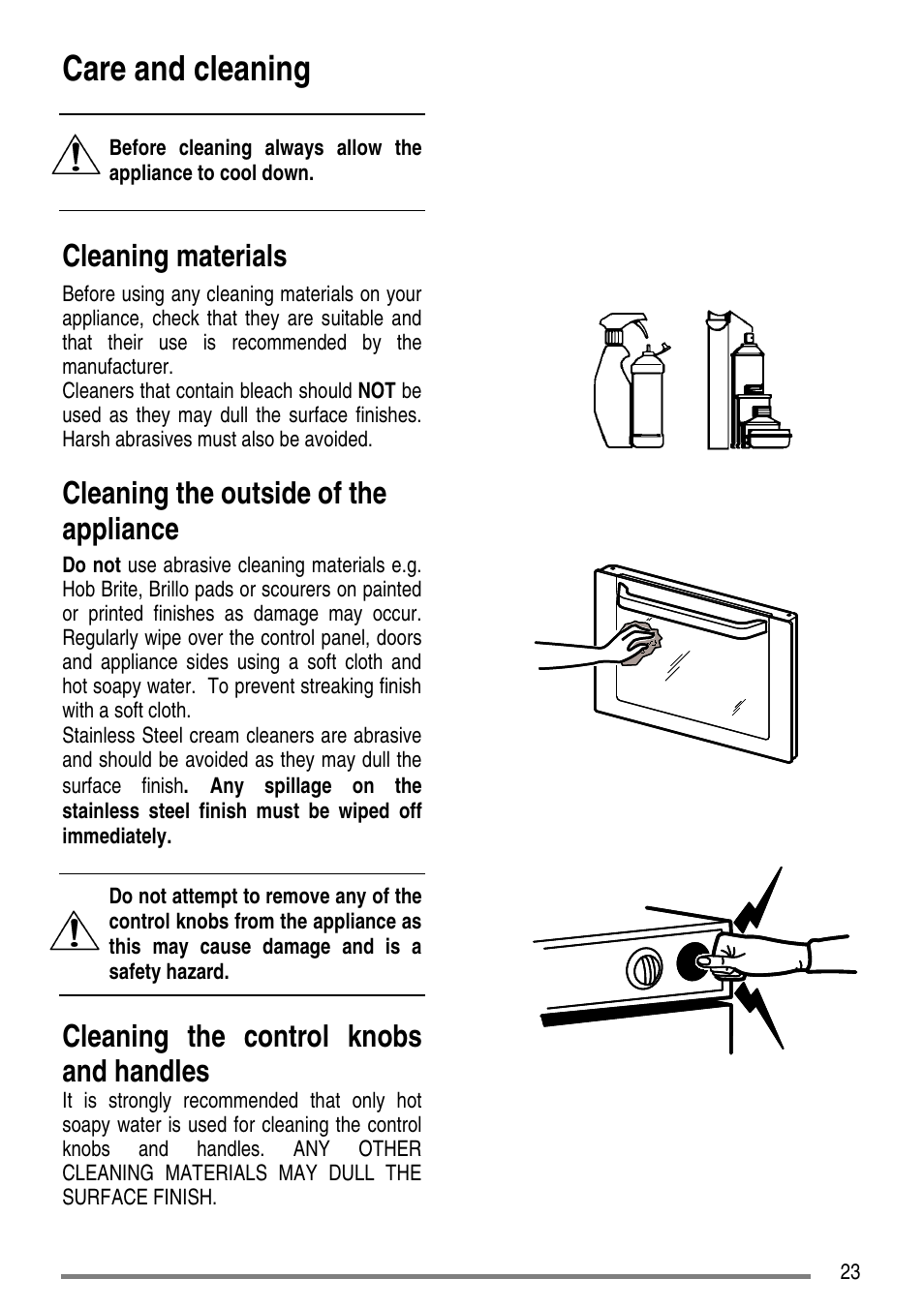 Care and cleaning, Cleaning materials, Cleaning the outside of the appliance | Cleaning the control knobs and handles | Tricity Bendix SG550/1 User Manual | Page 23 / 44