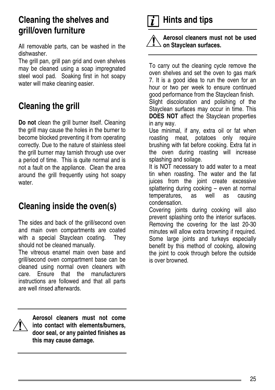 Cleaning the shelves and grill/oven furniture, Cleaning the grill, Cleaning inside the oven(s) | Hints and tips | Tricity Bendix SG550/1 User Manual | Page 25 / 44