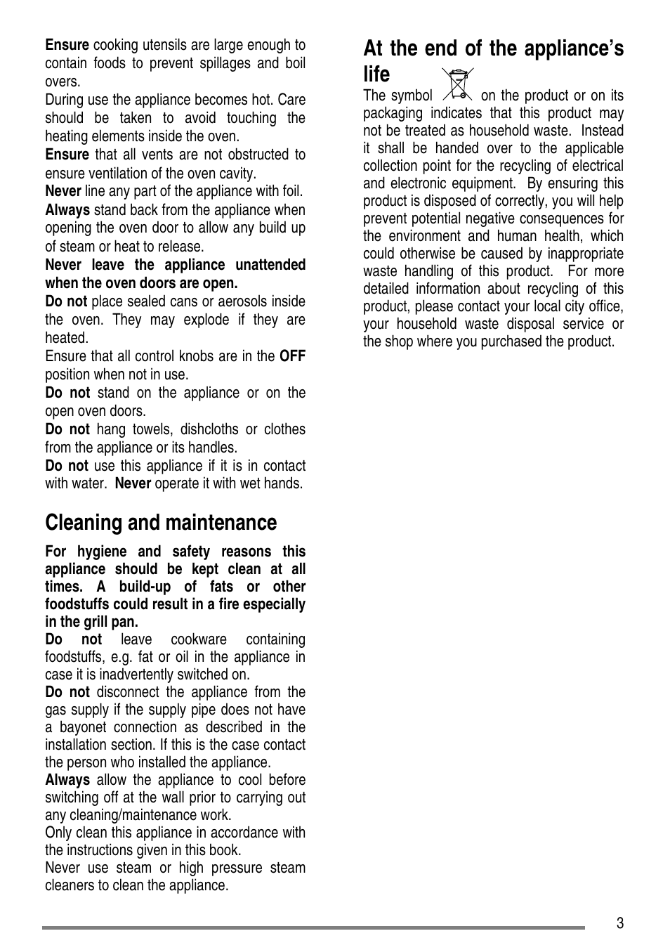 Cleaning and maintenance, At the end of the appliance’s life | Tricity Bendix SG550/1 User Manual | Page 3 / 44