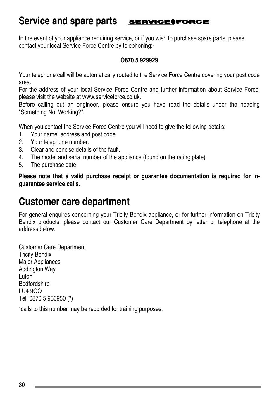 Service and spare parts, Customer care department | Tricity Bendix SG550/1 User Manual | Page 30 / 44
