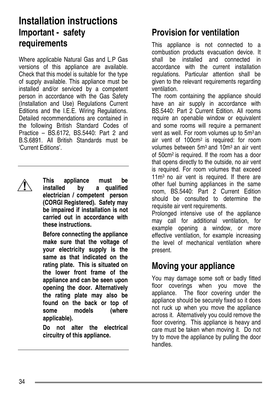 Installation instructions, Important - safety requirements, Provision for ventilation | Moving your appliance | Tricity Bendix SG550/1 User Manual | Page 34 / 44
