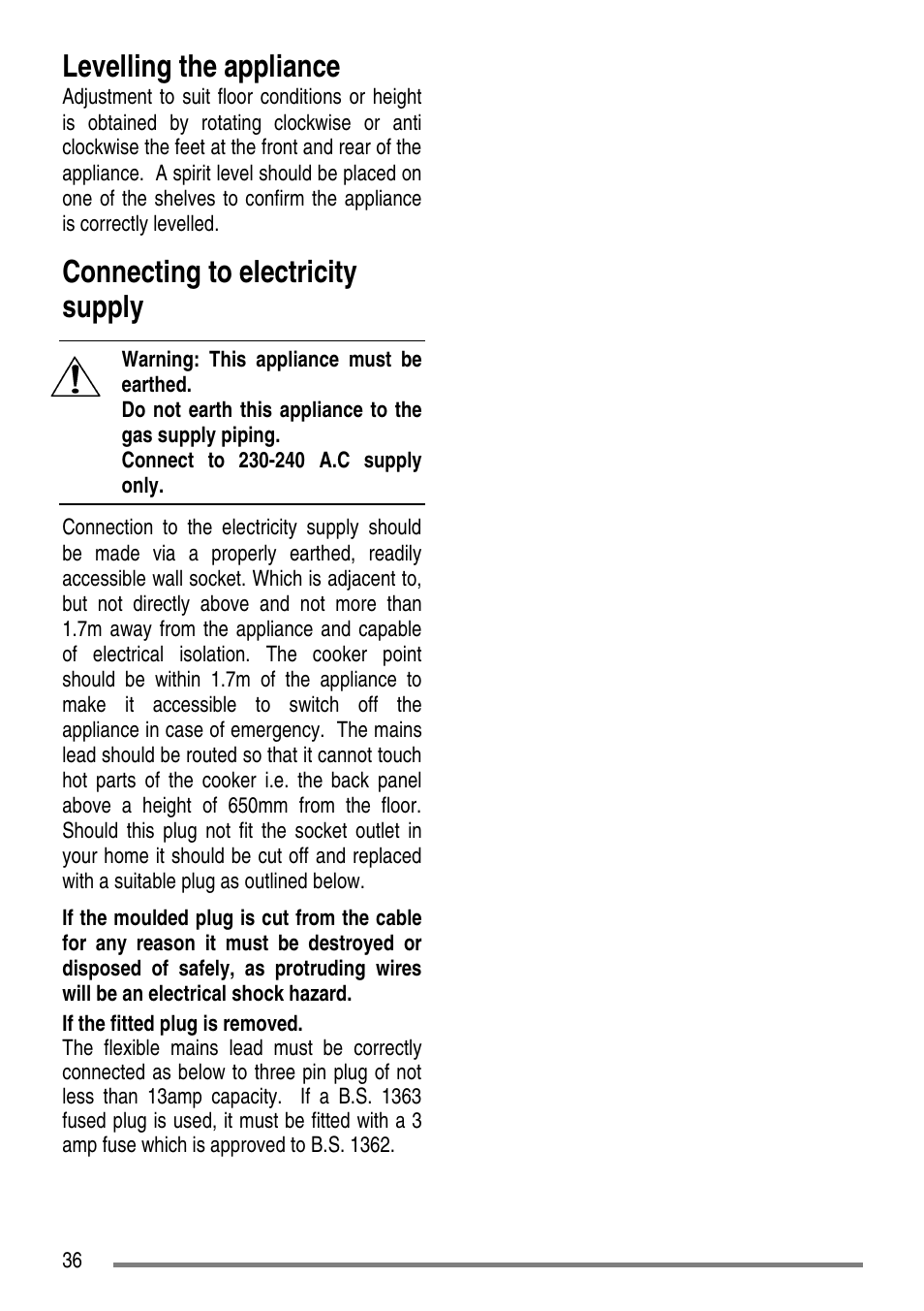 Levelling the appliance, Connecting to electricity supply | Tricity Bendix SG550/1 User Manual | Page 36 / 44
