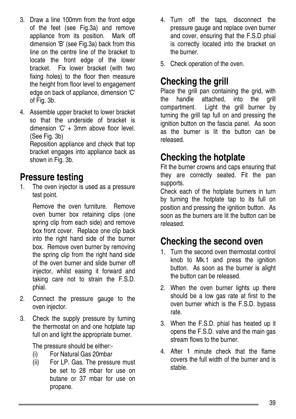 Pressure testing, Checking the grill, Checking the hotplate | Checking the second oven | Tricity Bendix SG550/1 User Manual | Page 39 / 44