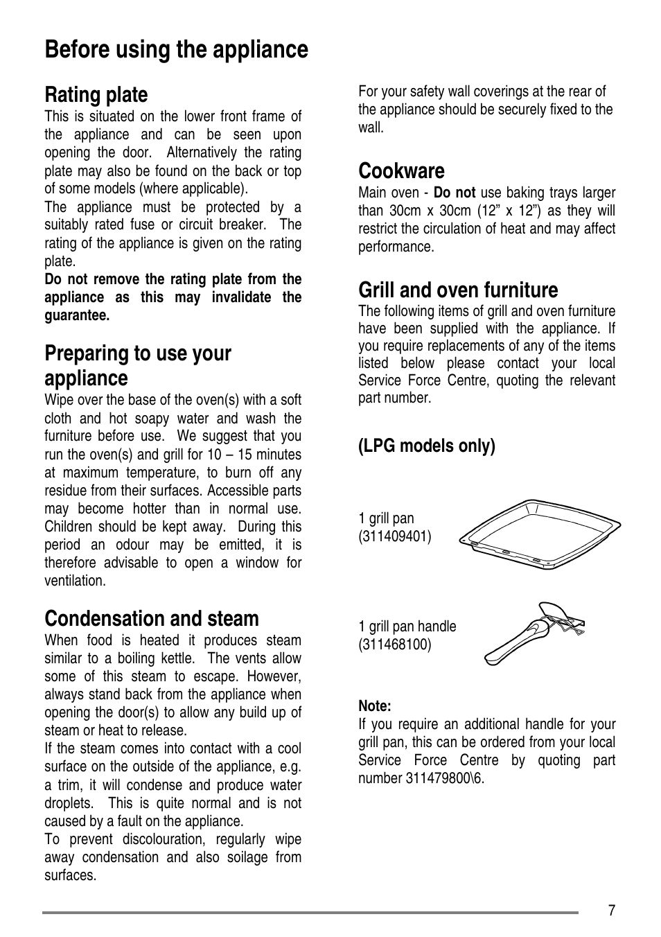 Before using the appliance, Rating plate, Preparing to use your appliance | Condensation and steam, Cookware, Grill and oven furniture, Lpg models only) | Tricity Bendix SG550/1 User Manual | Page 7 / 44