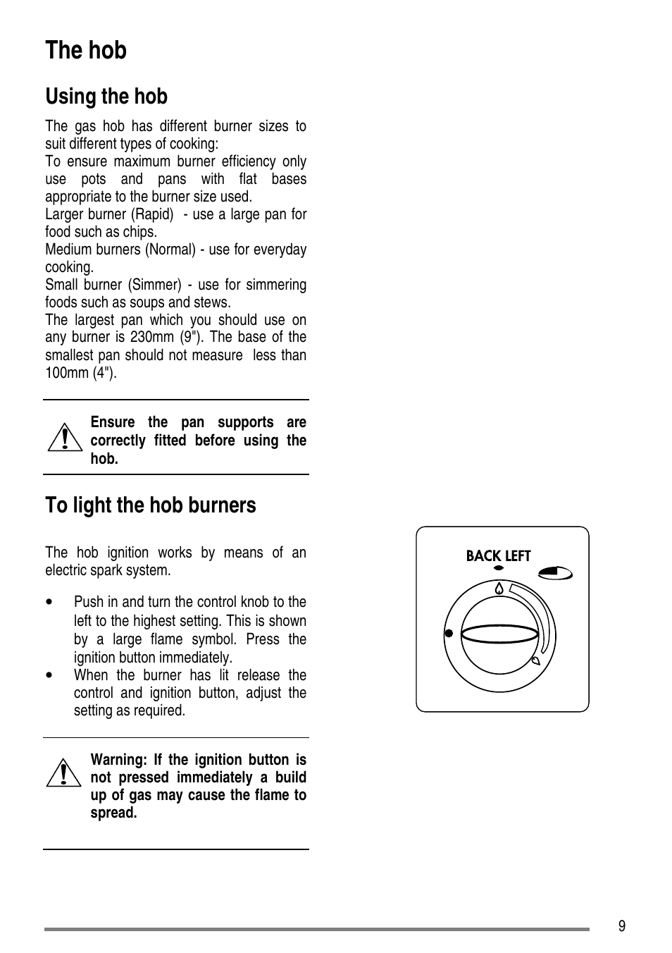 The hob, Using the hob | Tricity Bendix SG550/1 User Manual | Page 9 / 44