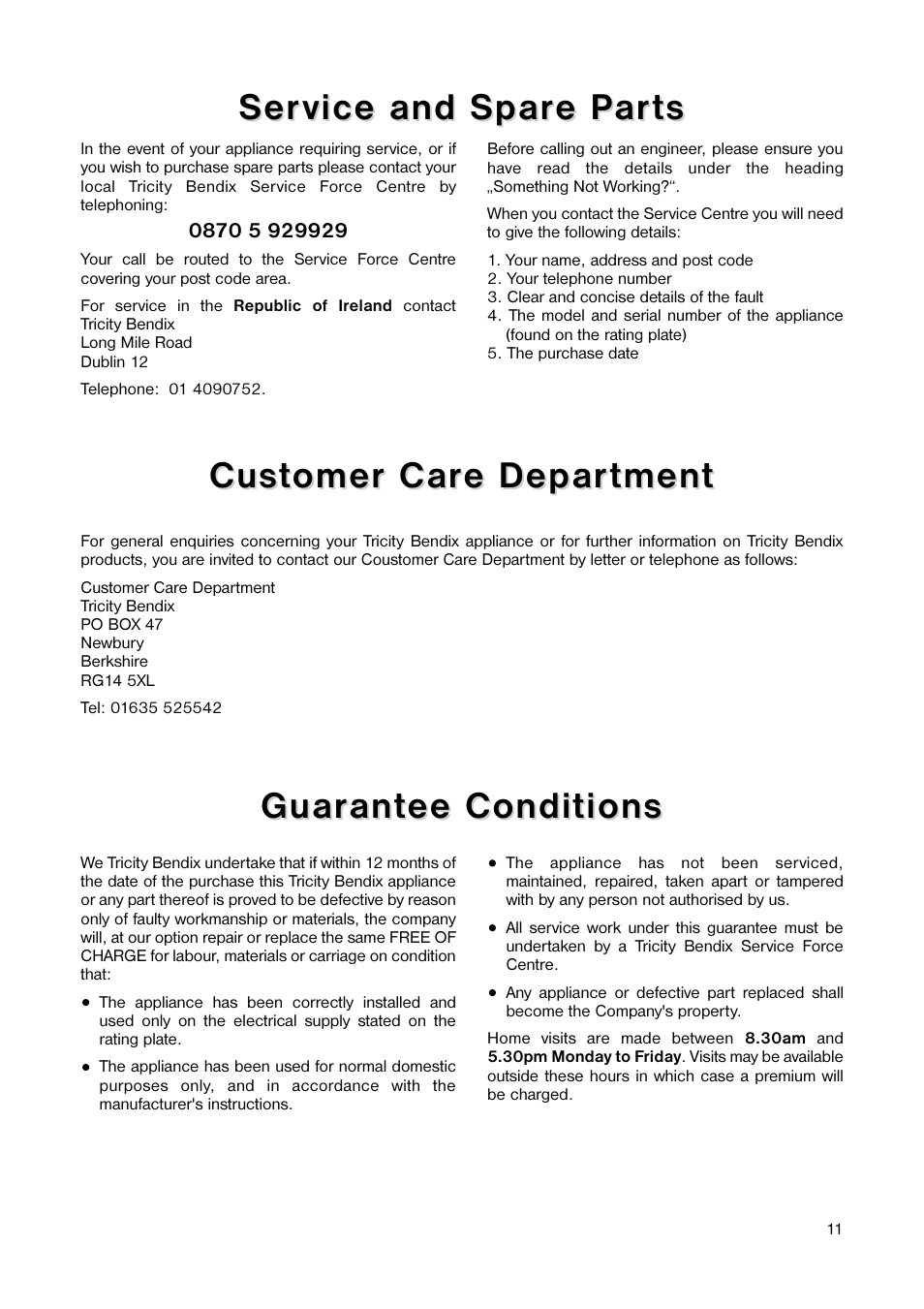 Guar, Guar ant ant ee conditions ee conditions | Tricity Bendix TB 42 UF User Manual | Page 11 / 15