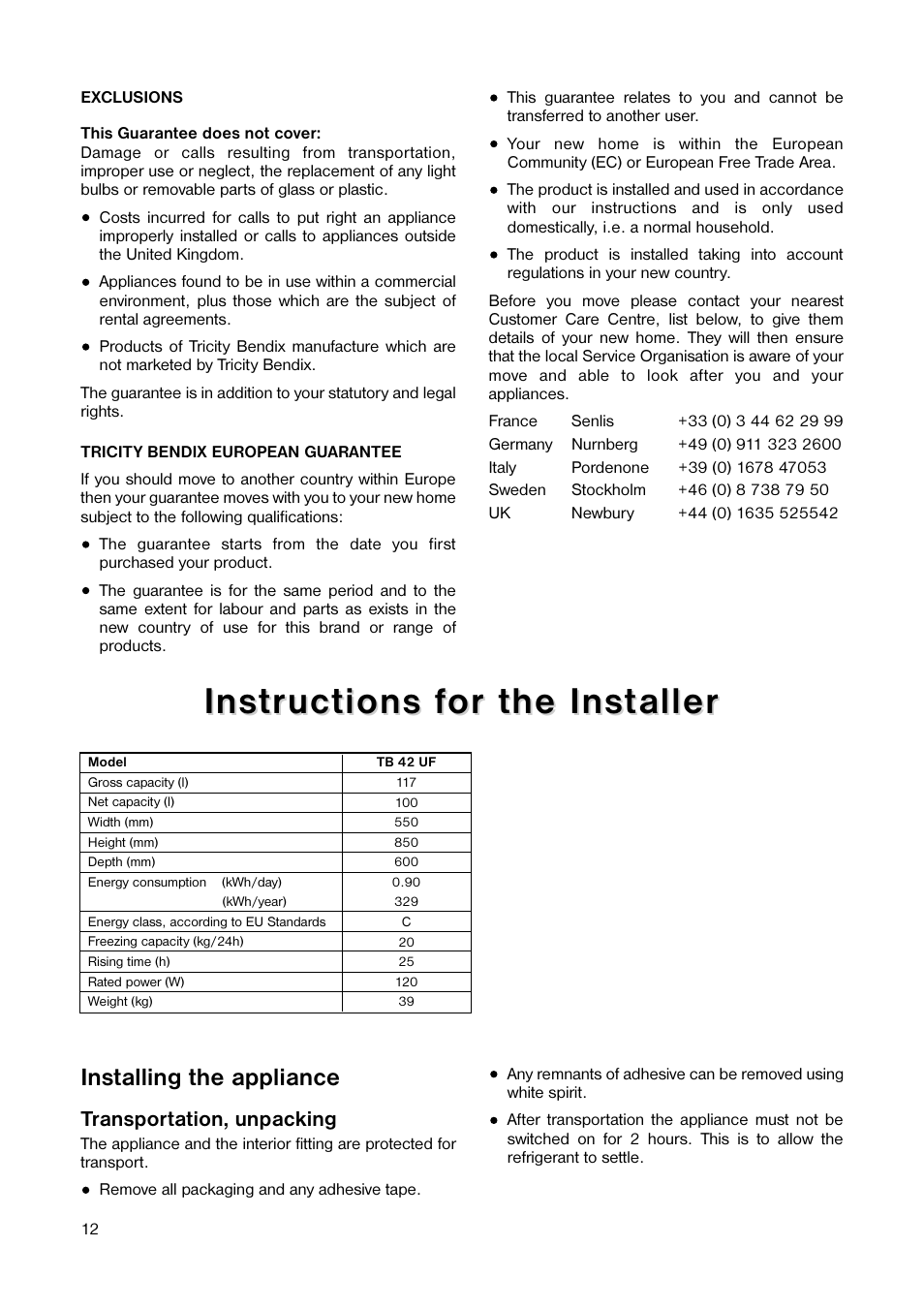 Installing the appliance | Tricity Bendix TB 42 UF User Manual | Page 12 / 15