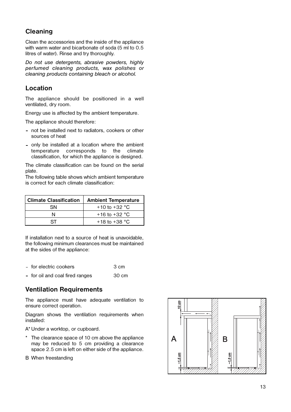 Cleaning, Location, Ventilation requirements | Tricity Bendix TB 42 UF User Manual | Page 13 / 15