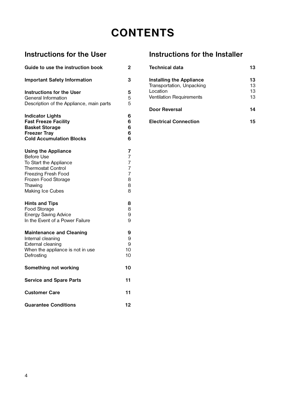 Content, Content s s, Instructions for the user | Instructions for the installer | Tricity Bendix TB 42 UF User Manual | Page 4 / 15