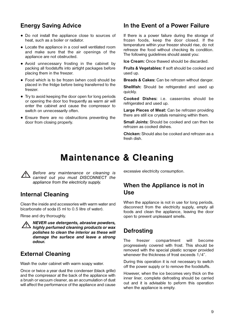 Maint, Maint enance & cleaning enance & cleaning, Energy saving advice | Internal cleaning, External cleaning, When the appliance is not in use, Defrosting | Tricity Bendix TB 42 UF User Manual | Page 9 / 15