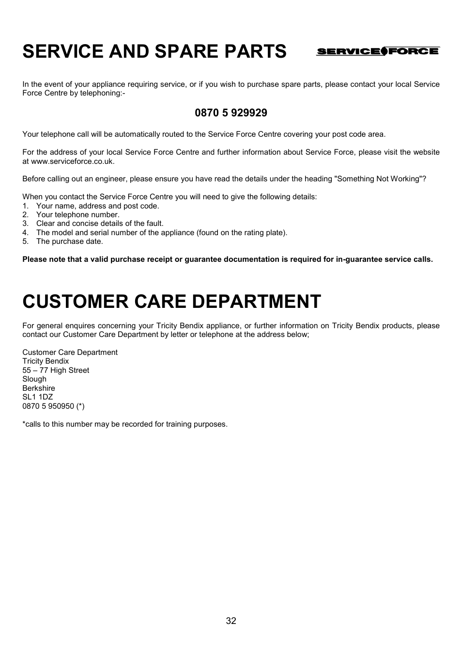 Service and spare parts, Customer care department | Tricity Bendix SE556 User Manual | Page 32 / 36