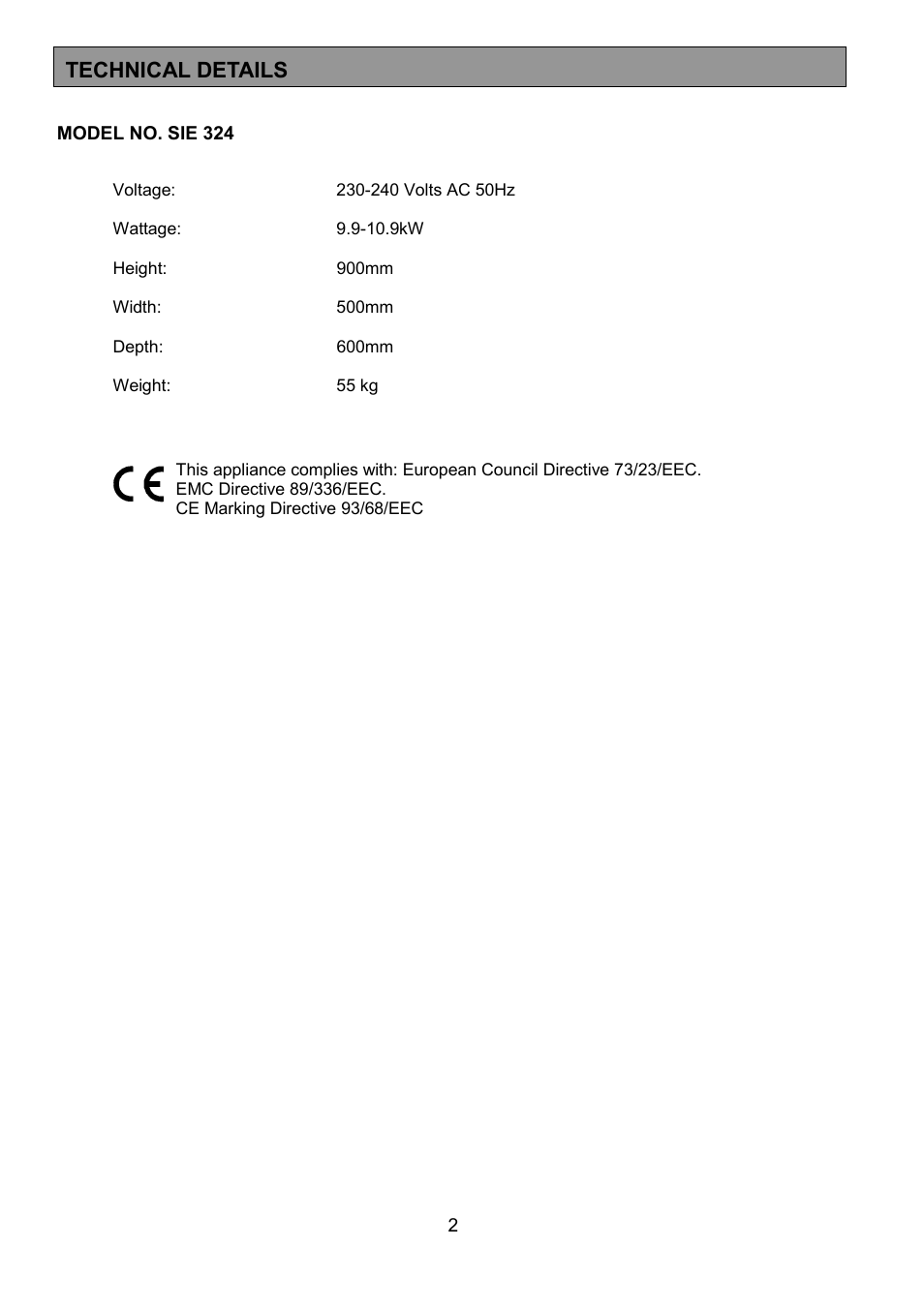 Technical details | Tricity Bendix SIE324 User Manual | Page 2 / 32