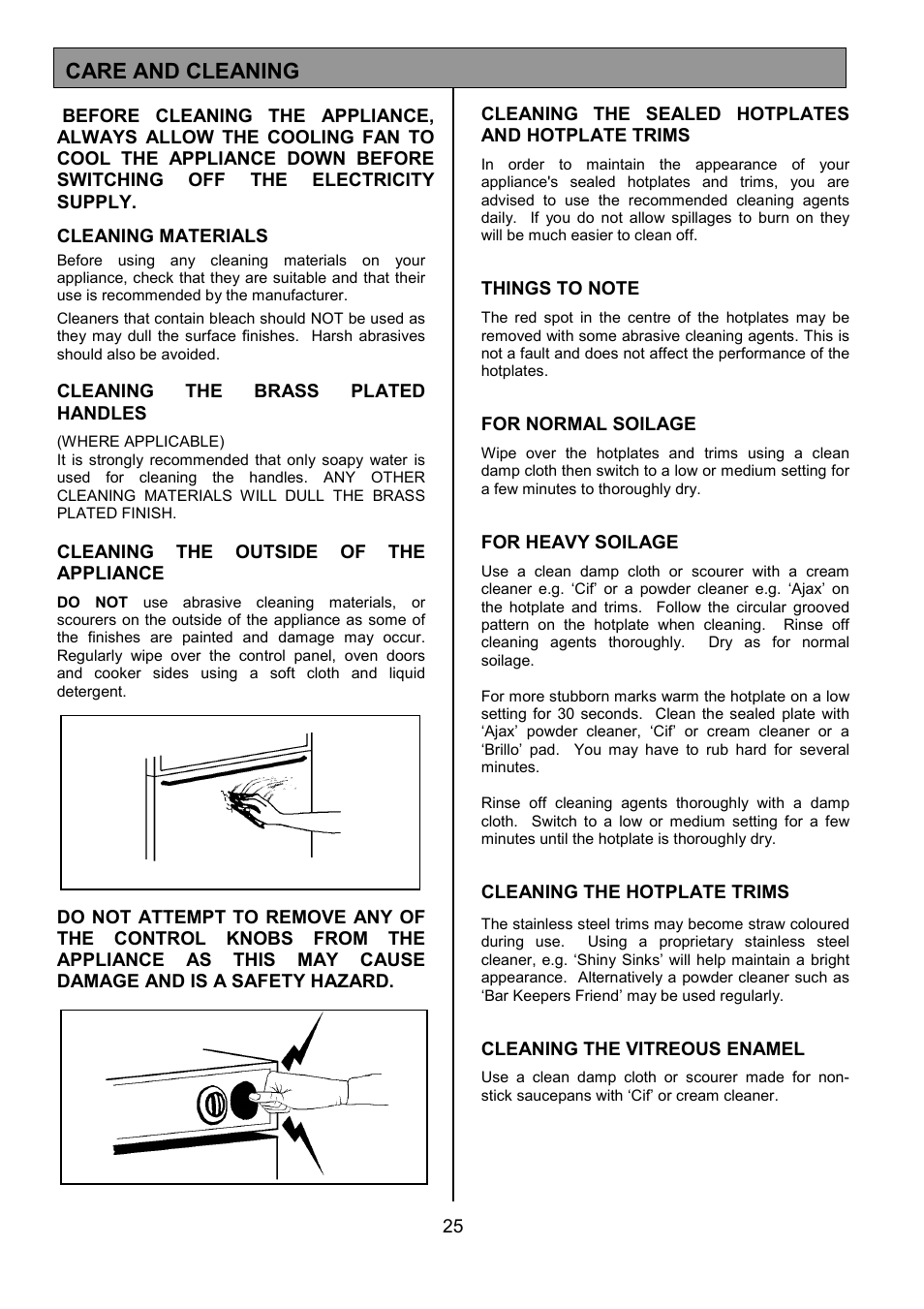 Care and cleaning | Tricity Bendix SIE324 User Manual | Page 25 / 32