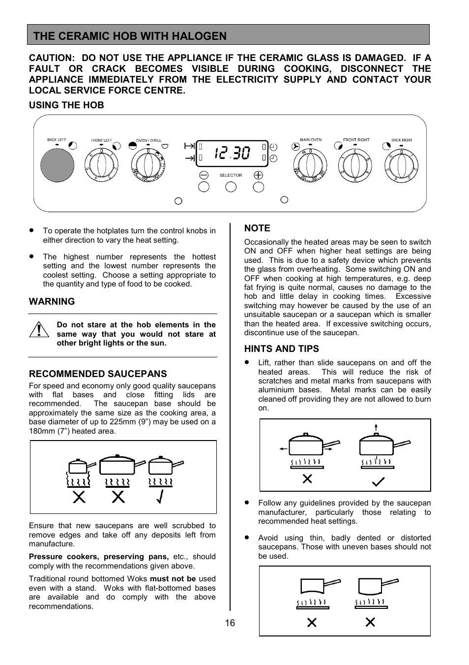 The ceramic hob with halogen | Tricity Bendix CSE560 User Manual | Page 16 / 36