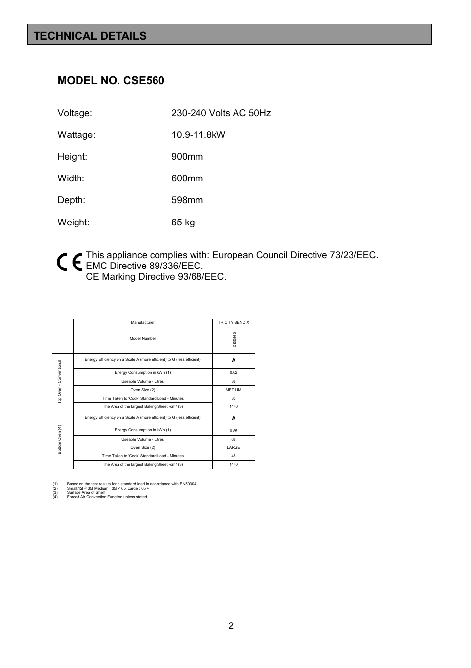 Model no. cse560, Technical details | Tricity Bendix CSE560 User Manual | Page 2 / 36