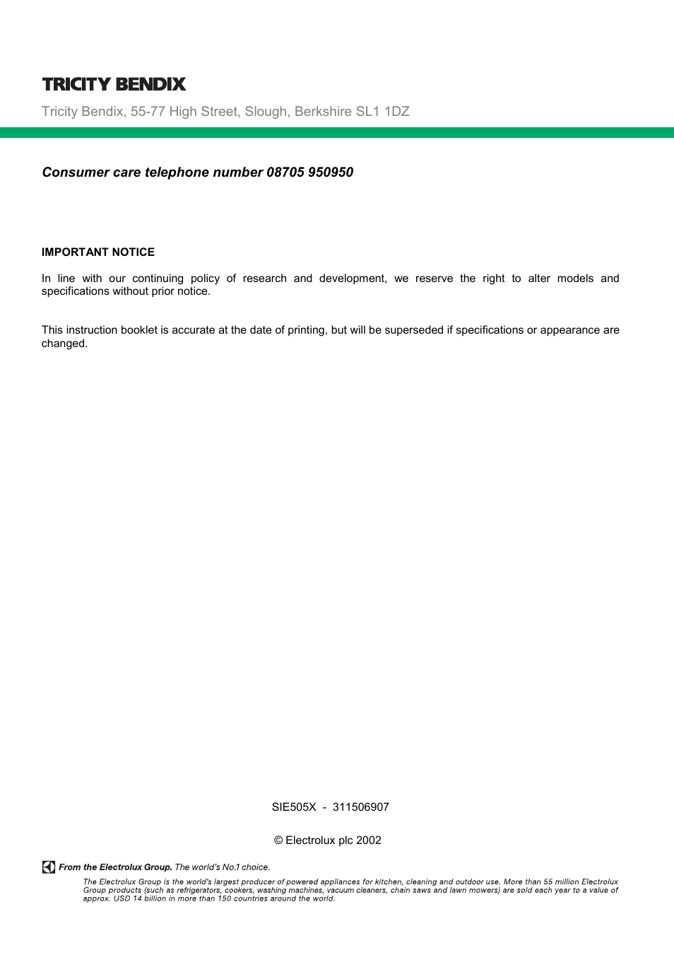 Tricity Bendix SIE505X User Manual | Page 32 / 32