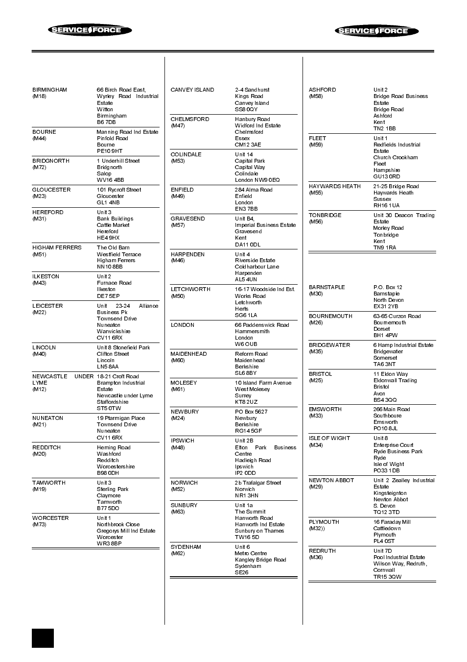 Tricity bendix service force, Midlands, London & east anglia | South east, South west | Tricity Bendix BS 685 User Manual | Page 38 / 40