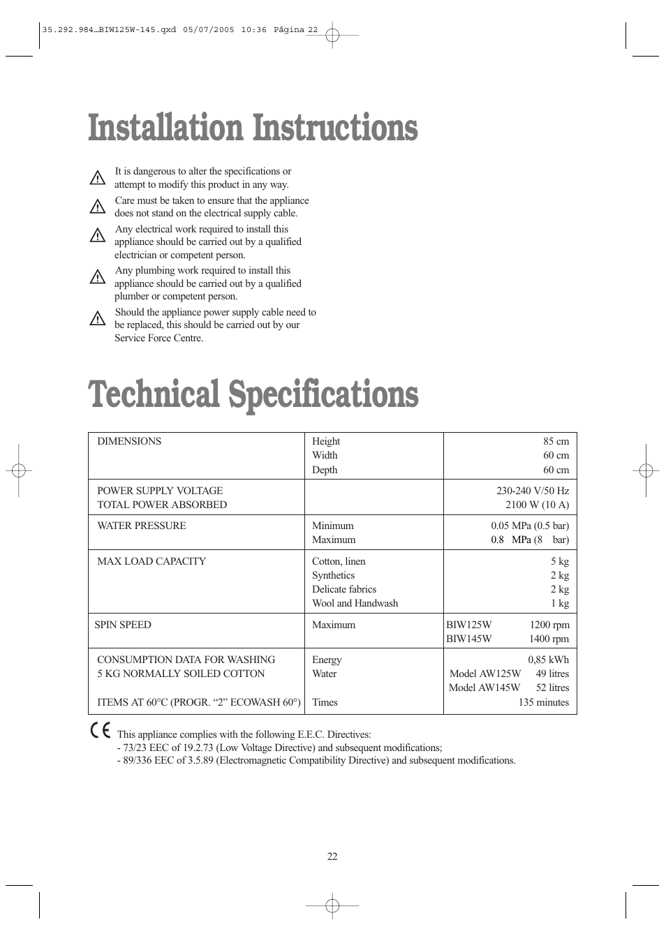 Installation instructions technical specifications | Tricity Bendix BIW 145 W User Manual | Page 22 / 28