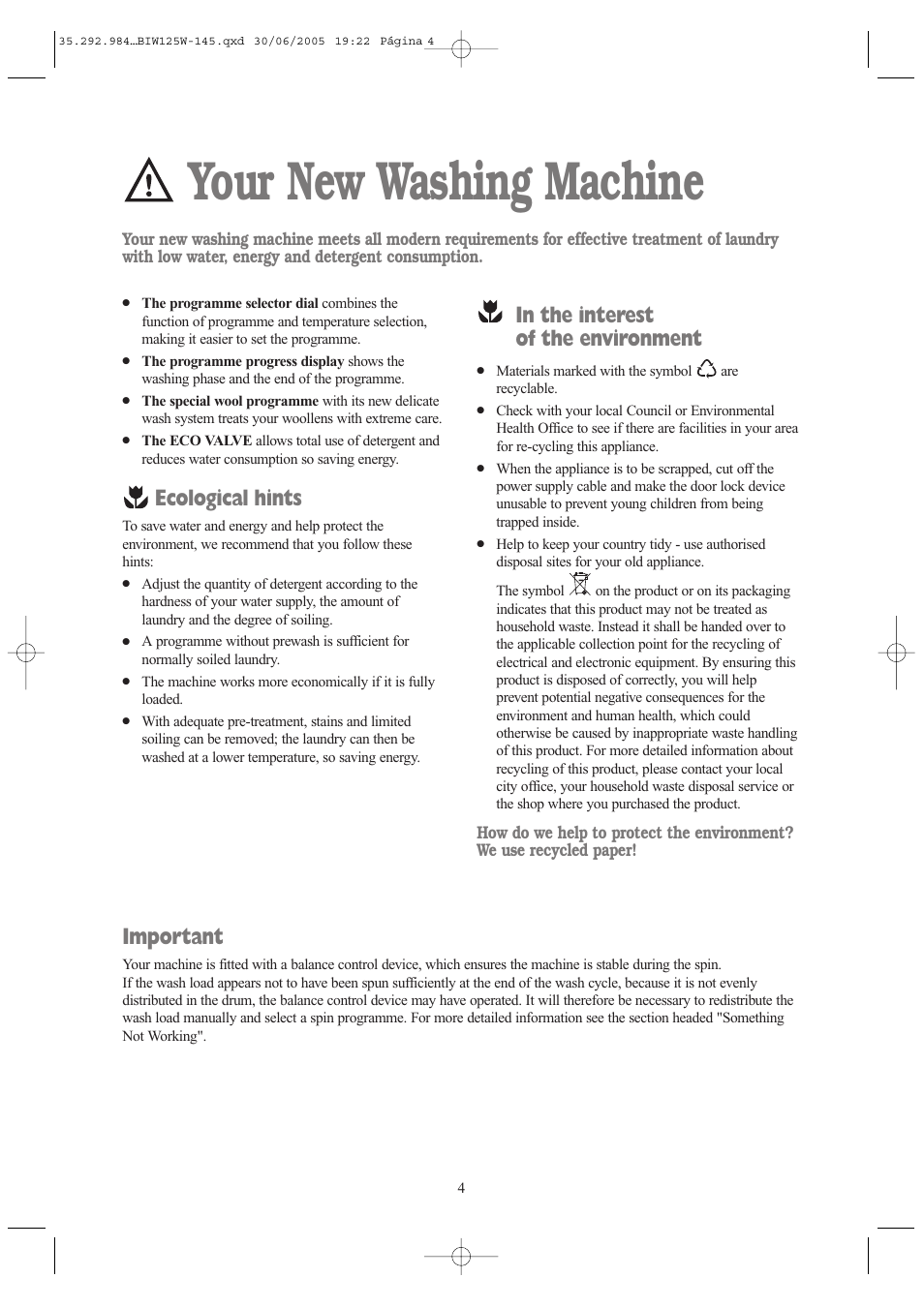 Your new washing machine, Ecological hints, Important | Tricity Bendix BIW 145 W User Manual | Page 4 / 28