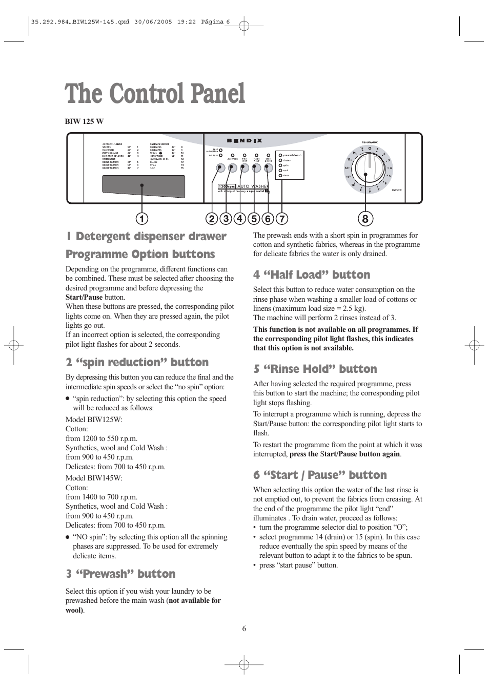 The control panel, 2 “spin reduction” button, 3 “prewash” button | 4 “half load” button, 5 “rinse hold” button, 6 “start / pause” button | Tricity Bendix BIW 145 W User Manual | Page 6 / 28