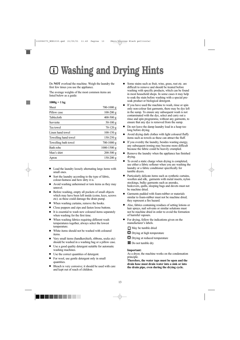 Washing and drying hints | Tricity Bendix WDR 1030 User Manual | Page 13 / 32
