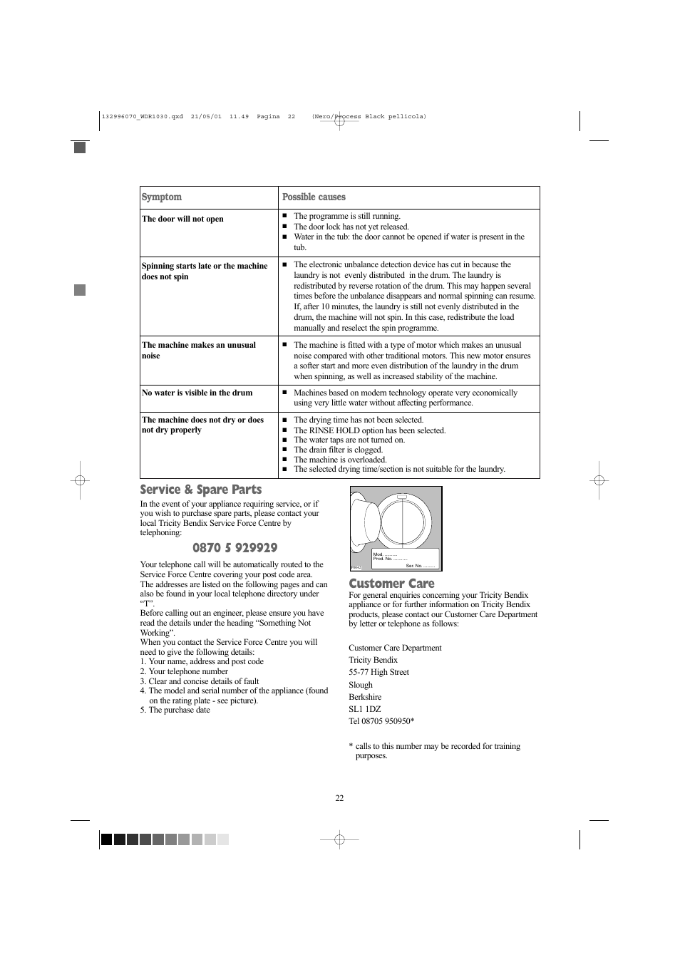 Service & spare parts, Customer care | Tricity Bendix WDR 1030 User Manual | Page 22 / 32